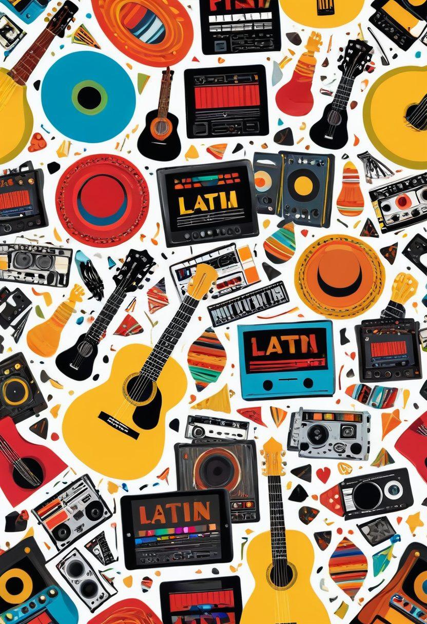 A vibrant collage showcasing various Latin entertainment options like streaming services, music playlists, and live events. Include elements such as a colorful fiesta hat, movie reels, and musical instruments like guitars and maracas. Display a digital device like a tablet or smartphone featuring Latin films and songs on the screen. The background should be festive and lively, infused with Latin motifs like patterns and colors. super-realistic. vibrant colors. white background.
