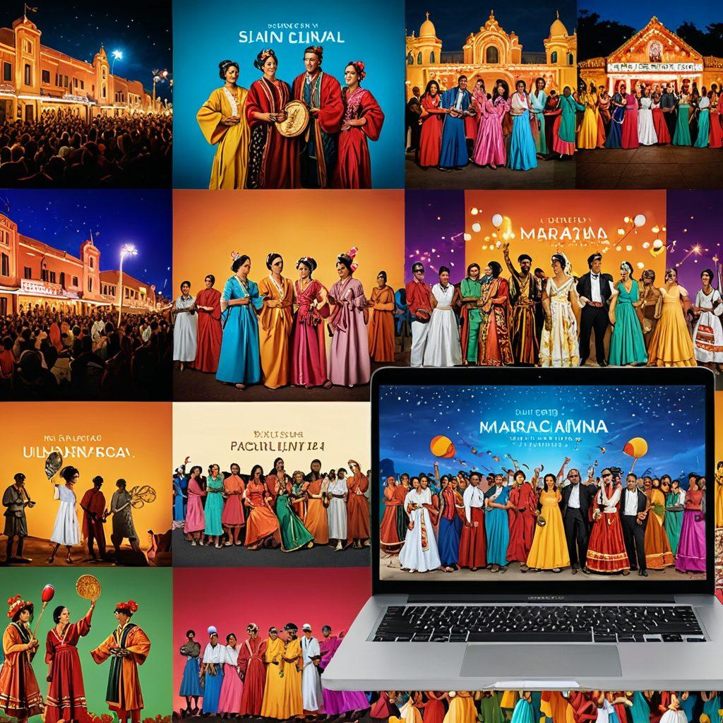 A vibrant collage showcasing iconic scenes from diverse Latin cinema, including streaming elements like a laptop displaying a film, and an outdoor live event with colorful lights and a cheering crowd. Include cultural symbols like maracas and traditional costumes, with a cinematic film reel weaving through the background. super-realistic. vibrant colors. cinematic atmosphere.