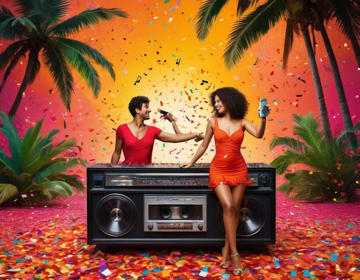 A vibrant collage showcasing icons of Latin entertainment including film reels, music notes, and a remote control symbolizing pay-per-view platforms. The background features colorful confetti and a lively audience enjoying a streaming experience. Include a tropical touch like palm trees or salsa dancers to represent the Latin culture. super-realistic. vibrant colors. dynamic composition.